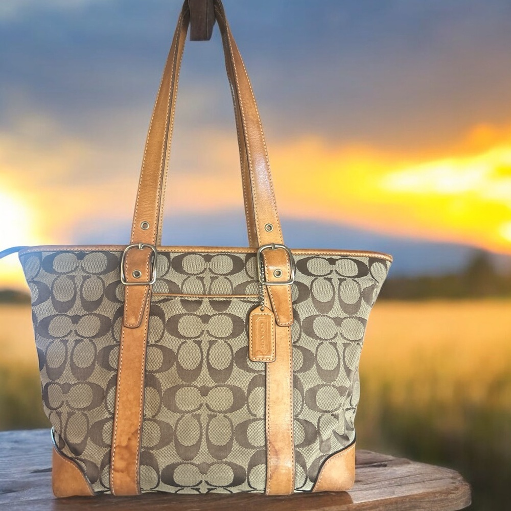 Coach Brown and Tan Signature Canvas Tote Shoulder Bag